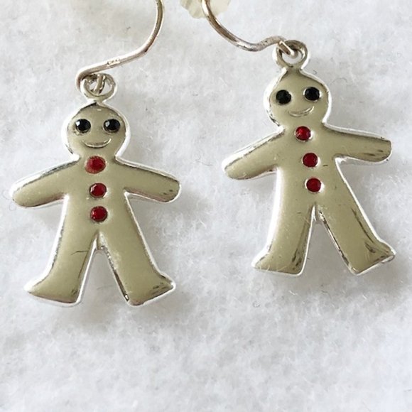 Sterling silver 925 gingerbread men earrings with small stones eyes buttons - Picture 3 of 7